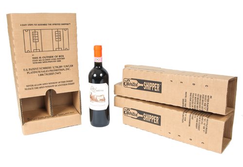 Two bottle wine insert from Spirited Shipper from two angles next to a bottle of wine